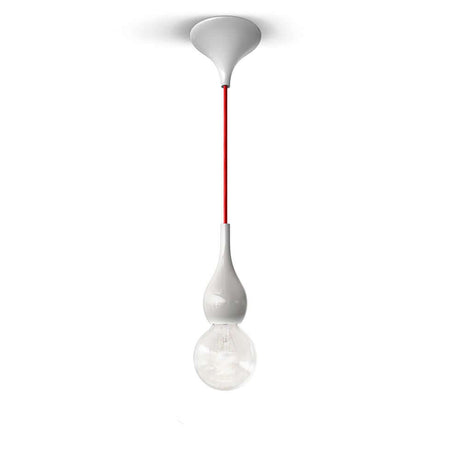 Blubb Mini Glas-Pendelleuchte mit rotem Kabel und weißem Baldachin, ideal für moderne Einrichtungen.