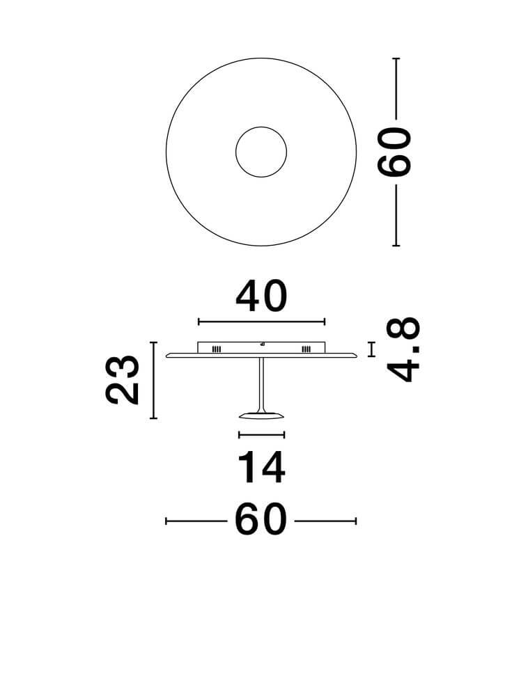 Maßzeichnung der Nima LED Deckenleuchte 3000K Weiß mit Durchmesser 60 cm und Höhe 23 cm.