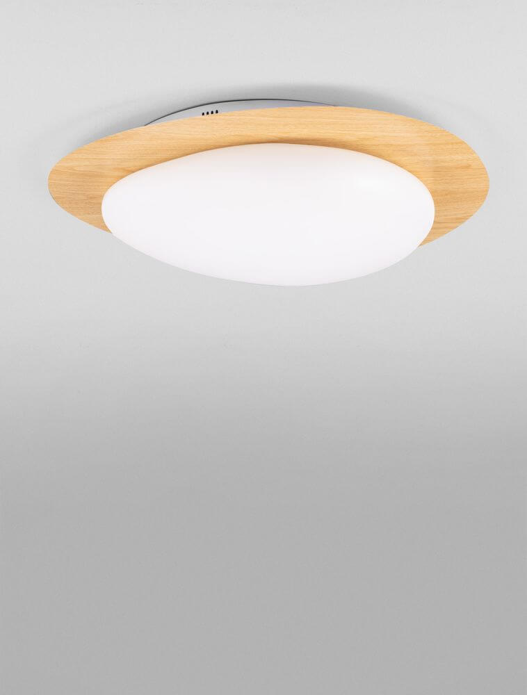 Nimbus LED Deckenleuchte 3000K Holz, Weiß mit dimmbarer TRIAC-Funktion und Holzrahmen.