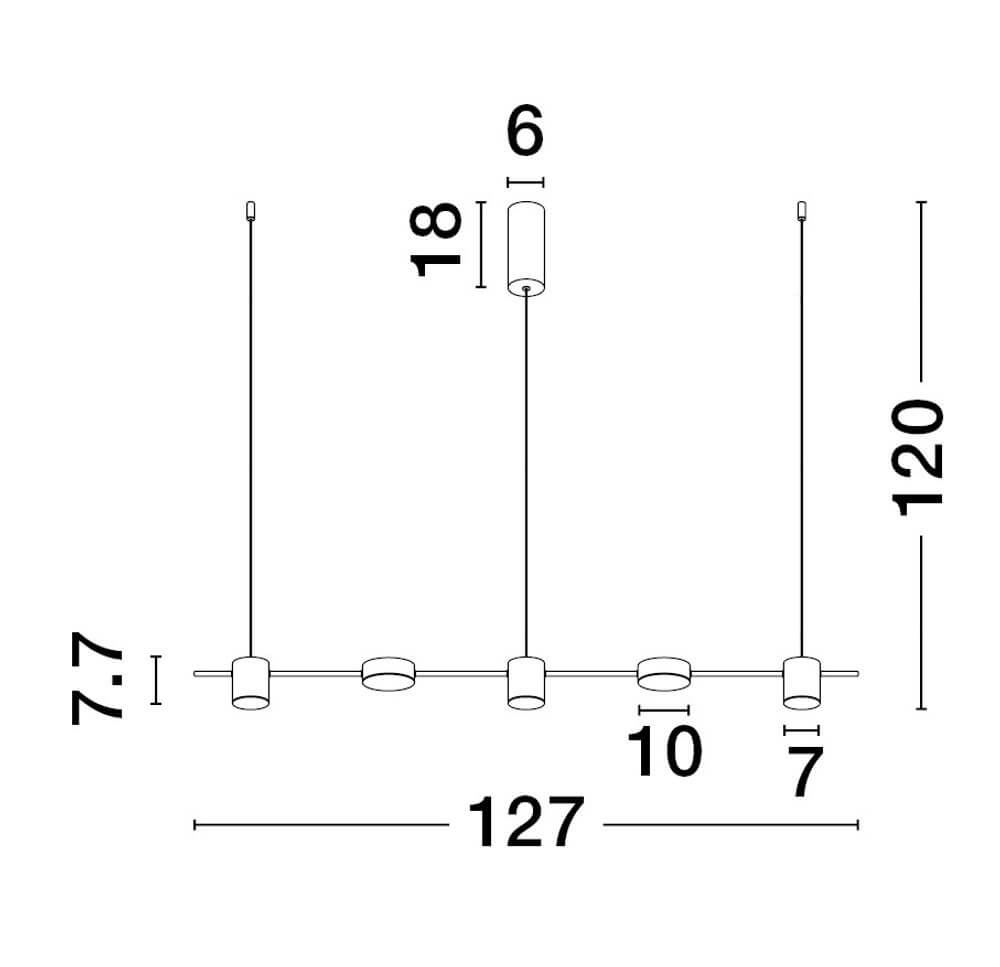 Technische Zeichnung der Nordik LED Pendelleuchte 5-flammig 3000K Schwarz mit Abmessungen.