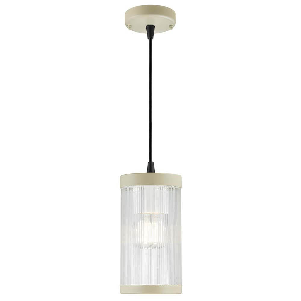Coupar Außen Pendelleuchte IP54 mit geripptem Diffusor und modernem Design in beige und schwarz.