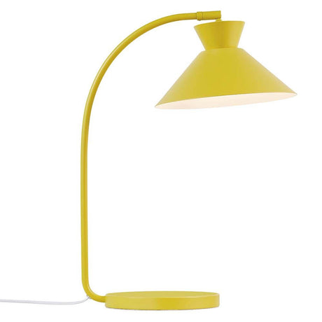 Dial bordlampe i moderne skandinavisk design med gul skjerm og elegant buet fot.