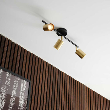 Découvrez le spot sur barre à 3 lampes en laiton avec têtes de lampe orientables sur un revêtement en bois.
