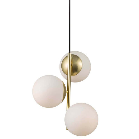 Hängeleuchte Lilly Messing, Opalweiß mit drei opalweißen Glaskugeln und gebürstetem Messing-Design.