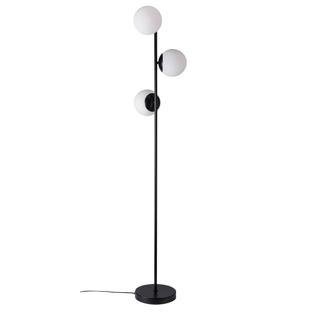 Stehleuchte Lilly Schwarz, Opalweiß mit minimalistischen Gestell und eleganten Glaskuppeln aus opalweißem Glas.