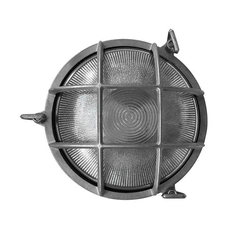 Schiffs-Wandlampe Polperro IP64 Nickel, Glas - Rundleuchte mit Gitter und Glasoberfläche.