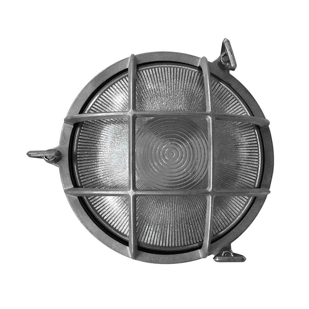 Schiffs-Wandlampe Polperro IP64 Nickel, Glas - Rundleuchte mit Gitter und Glasoberfläche.