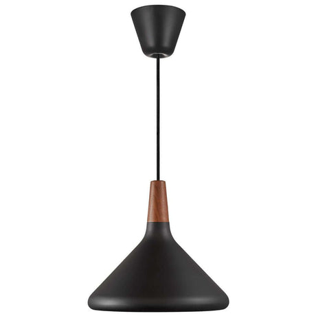 Pendelleuchte Nori 27 mit modernem Design und warmem Nussbaumholz-Element.