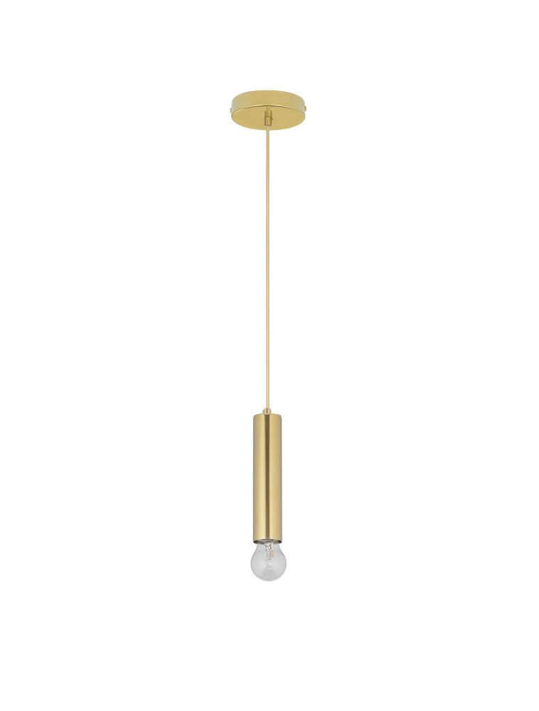 Norway Pendelleuchte E27 Ø 4,5cm Gold mit goldenem Zylinder und kugelförmigem Leuchtmittel an der Decke.