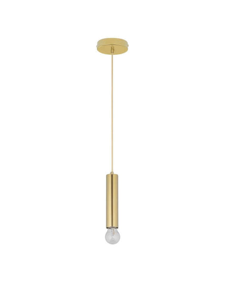 Norway Pendelleuchte E27 Ø 4,5cm Gold mit goldenem Zylinder und kugelförmigem Leuchtmittel an der Decke.