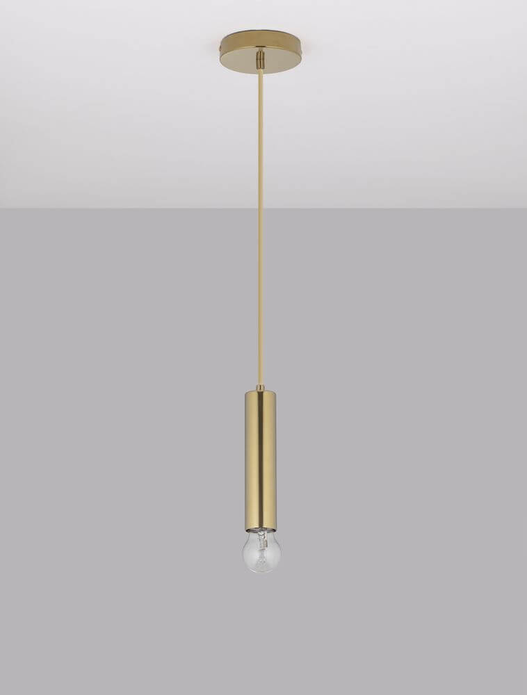Norway Pendelleuchte E27 Ø 4,5cm Gold hängend, schlanker goldener Zylinder mit Kugel Leuchtmittel, 20cm lang.