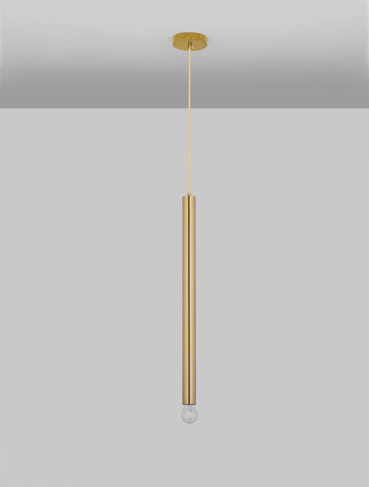 Norway Pendelleuchte E27 Ø 4,5cm Gold mit schlankem, goldenem Zylinder und Kugelleuchtmittel.
