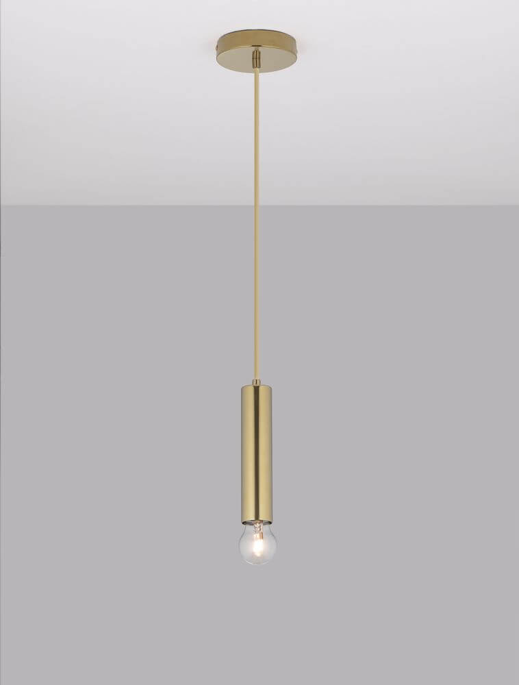 Norway Pendelleuchte E27 Ø 4,5cm Gold in elegantem Design mit goldenem Zylinder und Kugelleuchtmittel.