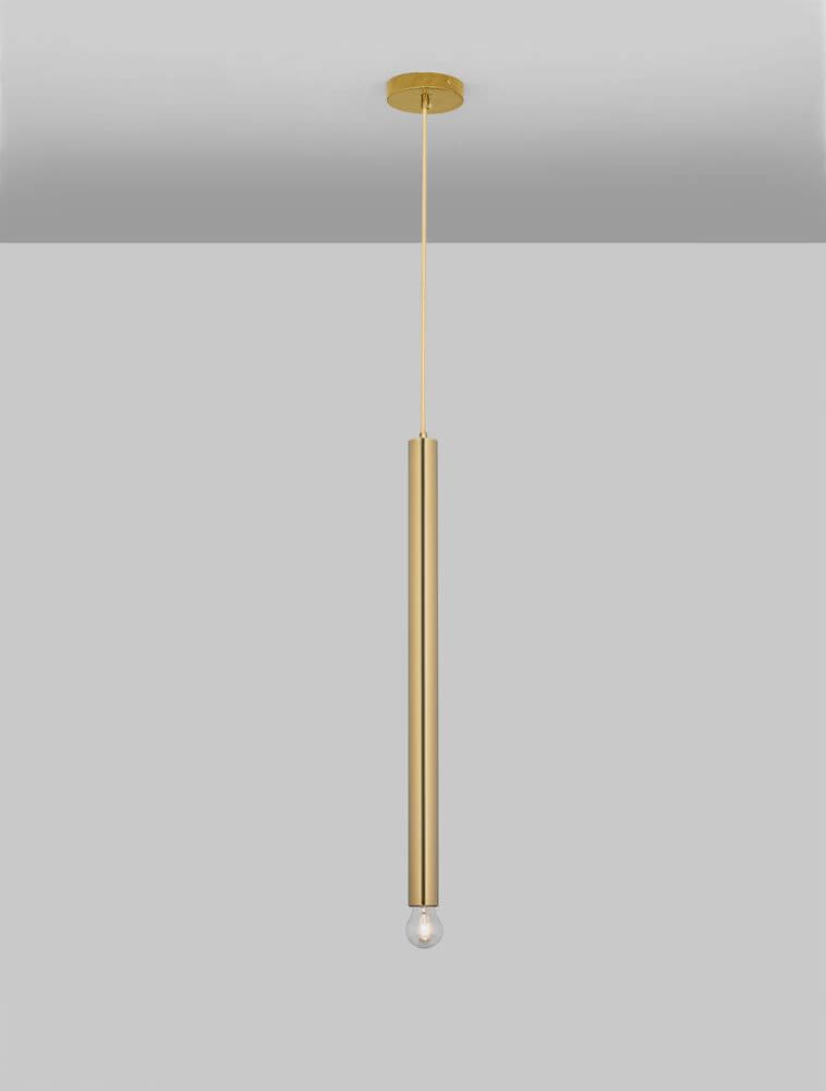 Norway Pendelleuchte E27 Ø 4,5cm Gold, elegante schlanke Pendelleuchte aus goldenen Zylindern mit Kugel Leuchtmittel.