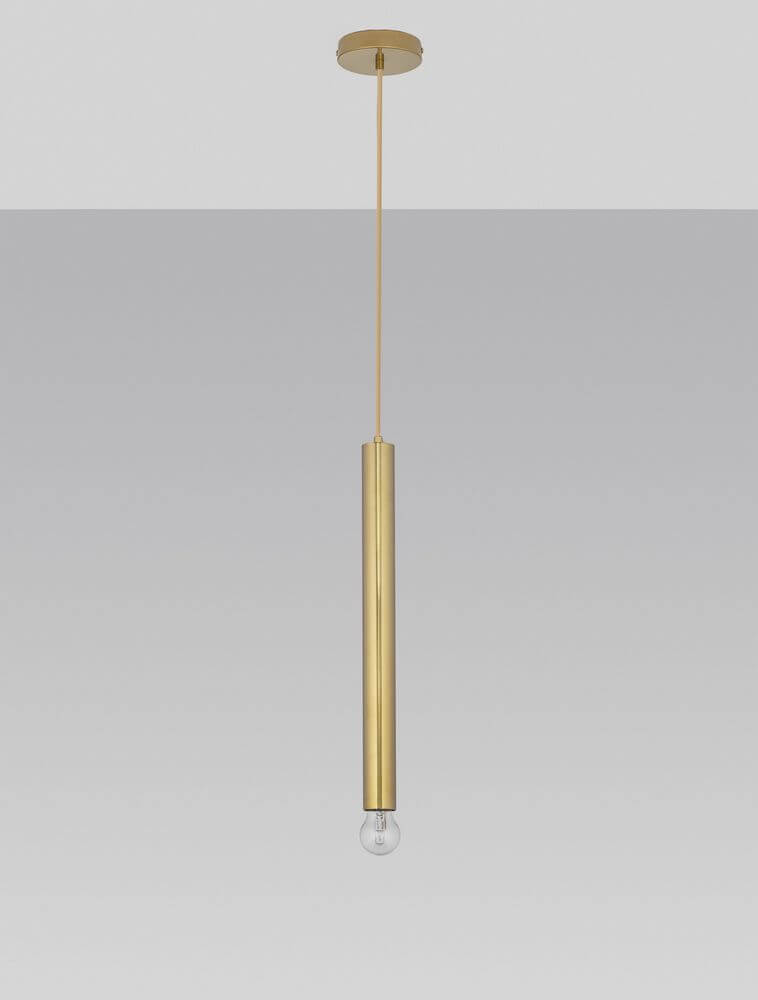 Norway Pendelleuchte E27 Ø 4,5cm Gold in eleganter, schlanker Form mit goldenen Zylindern und Kugel-Leuchtmittel.