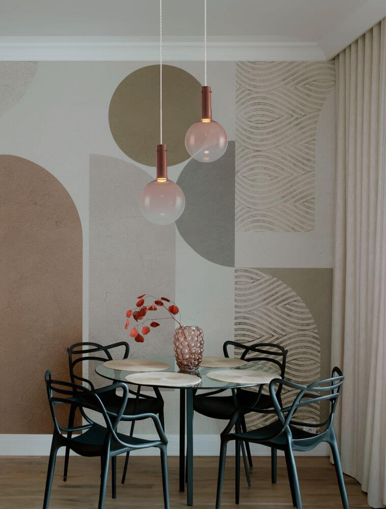 Moderne Nostos Pendelleuchte über einem eleganten Esstisch in einem stilvollen Raum.