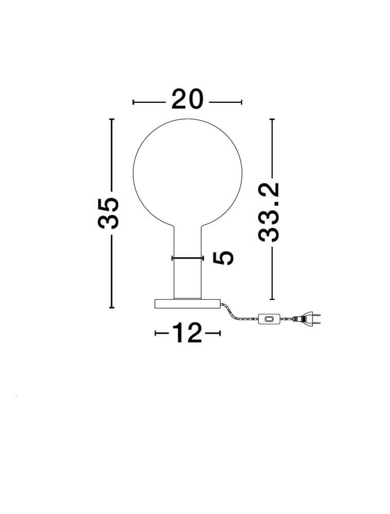 Maßzeichnung der Nostos LED Tischleuchte Ø 20cm 3000K mit Abmessungen und Kabelanschluss.