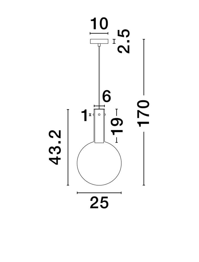 Maßzeichnung der Nostos Pendelleuchte Ø 25cm, Höhe 170cm, mit Bronzeglas und Metall.