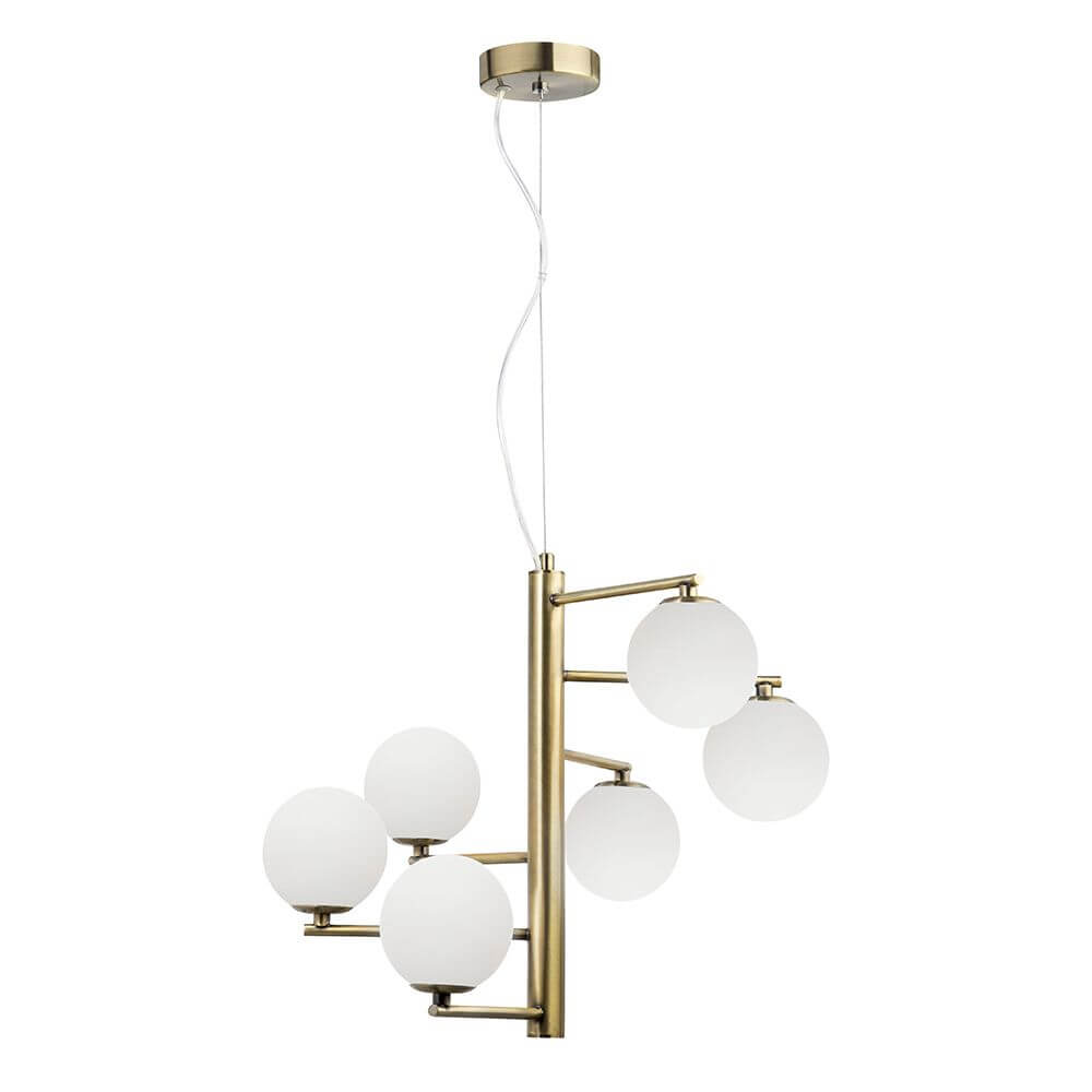 Agrigento 6er-Hängeleuchte Metall Glas mit elegantem Design und weißen Glaskuppeln für gute Lichtstreuung.