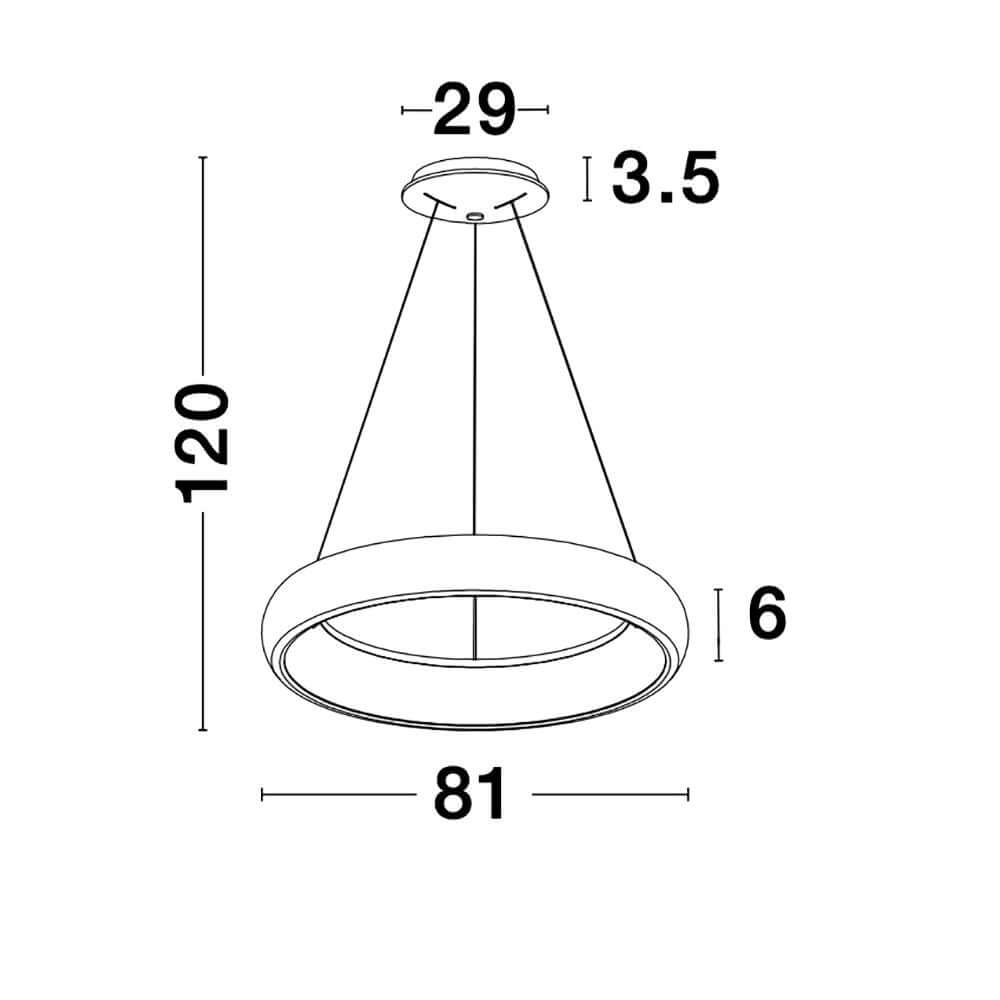 Technische Zeichnung der Albi LED Hängelampe Kaffeebraun mit Maßen 29x3,5x120 cm und Durchmesser 81 cm.