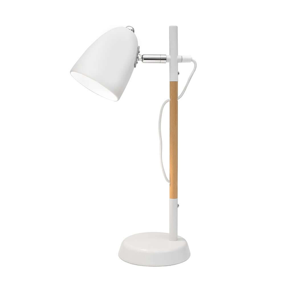 Alina Tischlampe Metall Holz mit weißem Lampenschirm und Holzsockel, elegantes Design für moderne Innenräume.