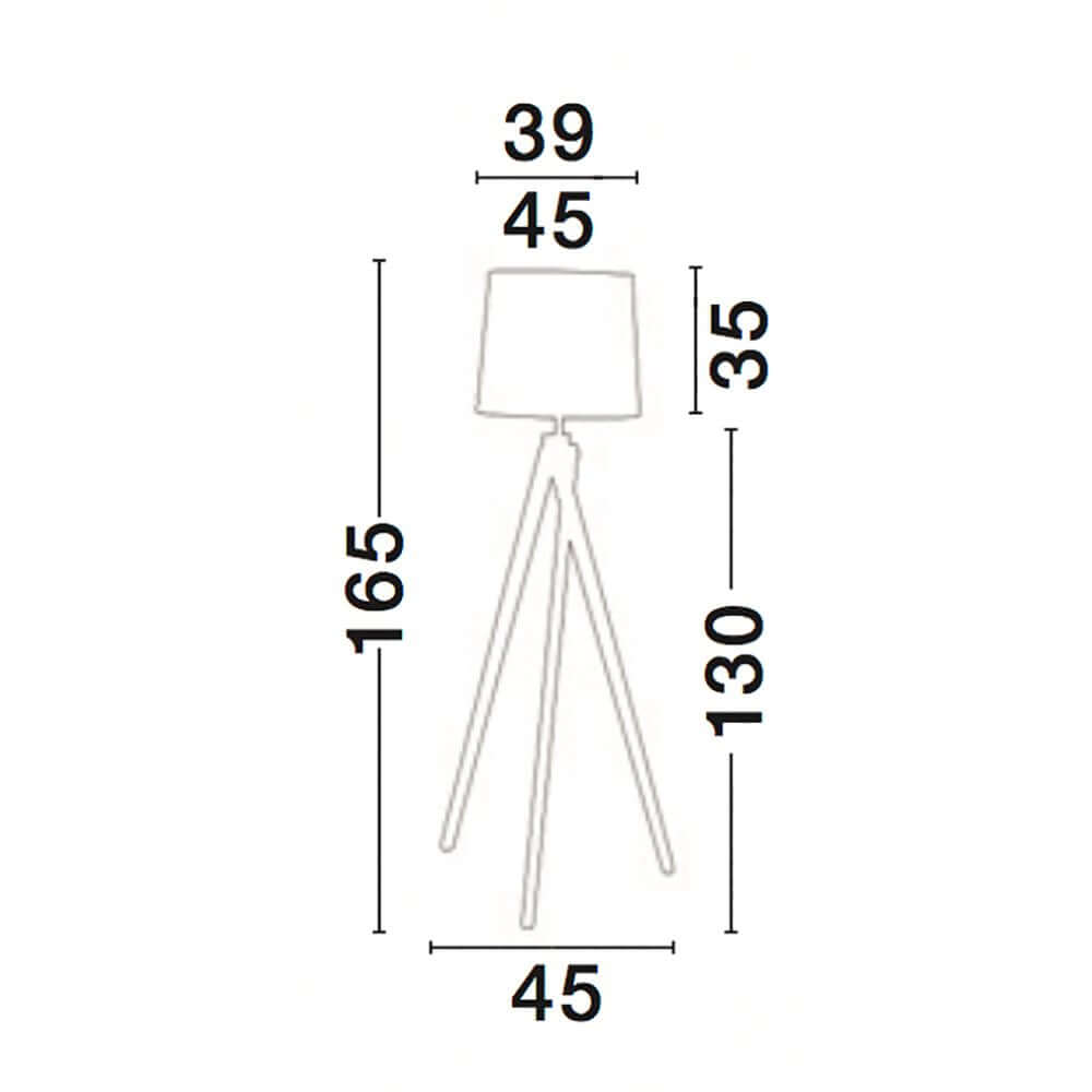 Maßskizze der Alma 3-Bein Stehlampe aus Naturholz, Weiß mit den Abmessungen in cm.