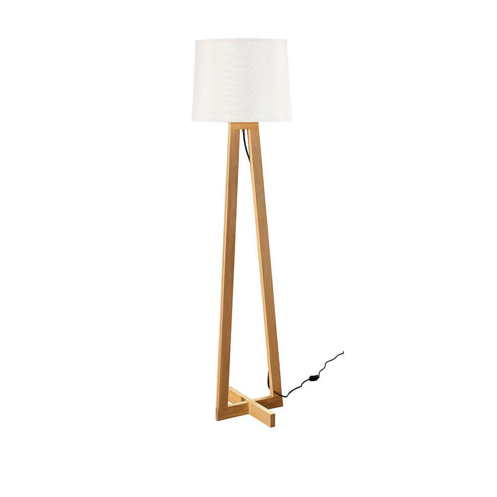 Alma Stehlampe aus Naturholz, Weiß mit elegantem Holzfuß und weißem Stoffschirm, ideal für modernes Zuhause.