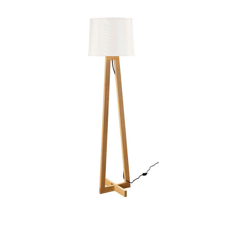 Lampadaire Alma en bois naturel, blanc, avec un élégant pied en bois et un abat-jour en tissu blanc, idéal pour une maison moderne.