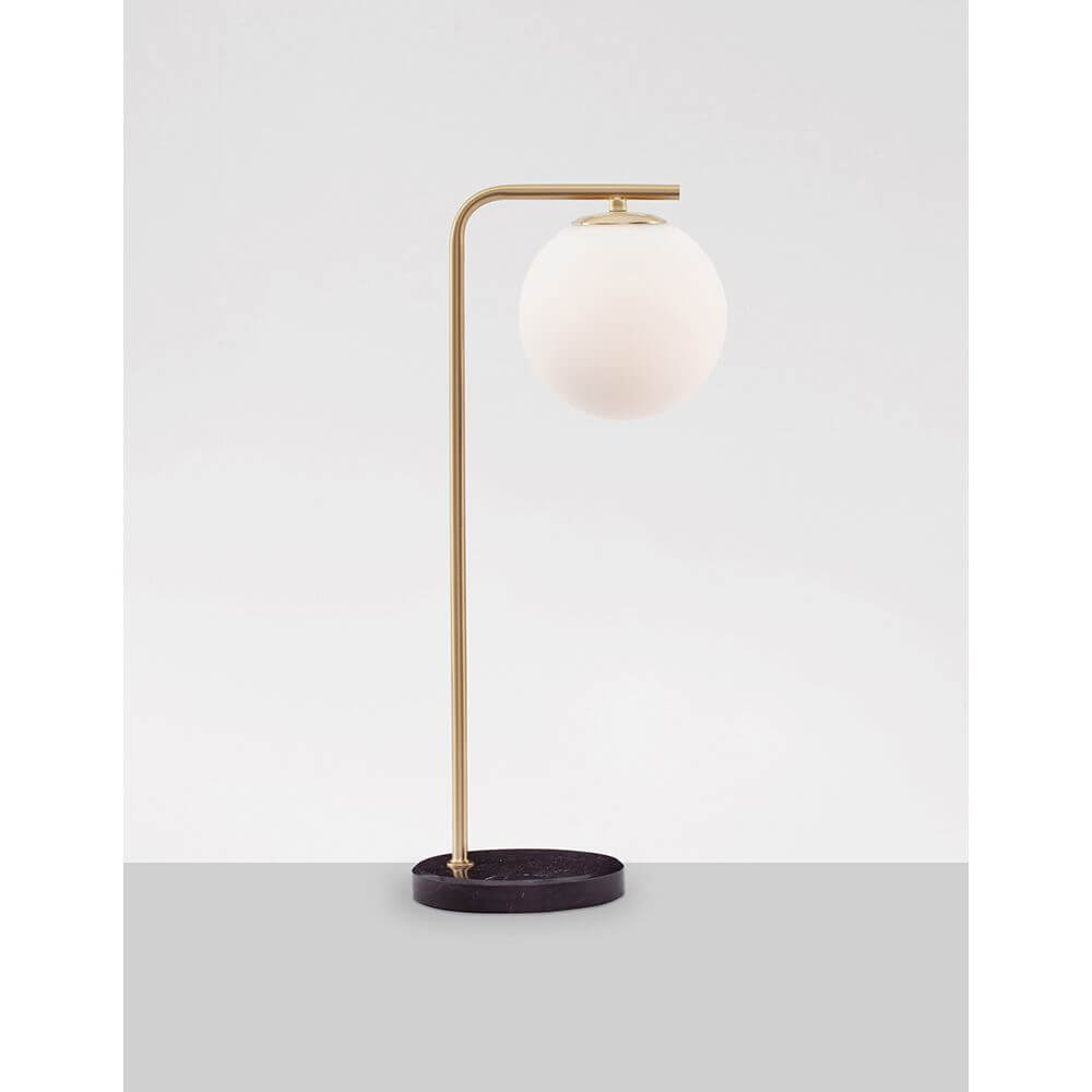 Alvarez Tischlampe mit Marmor-Fuß Gold, Schwarz auf grauem Hintergrund, modernes Design.