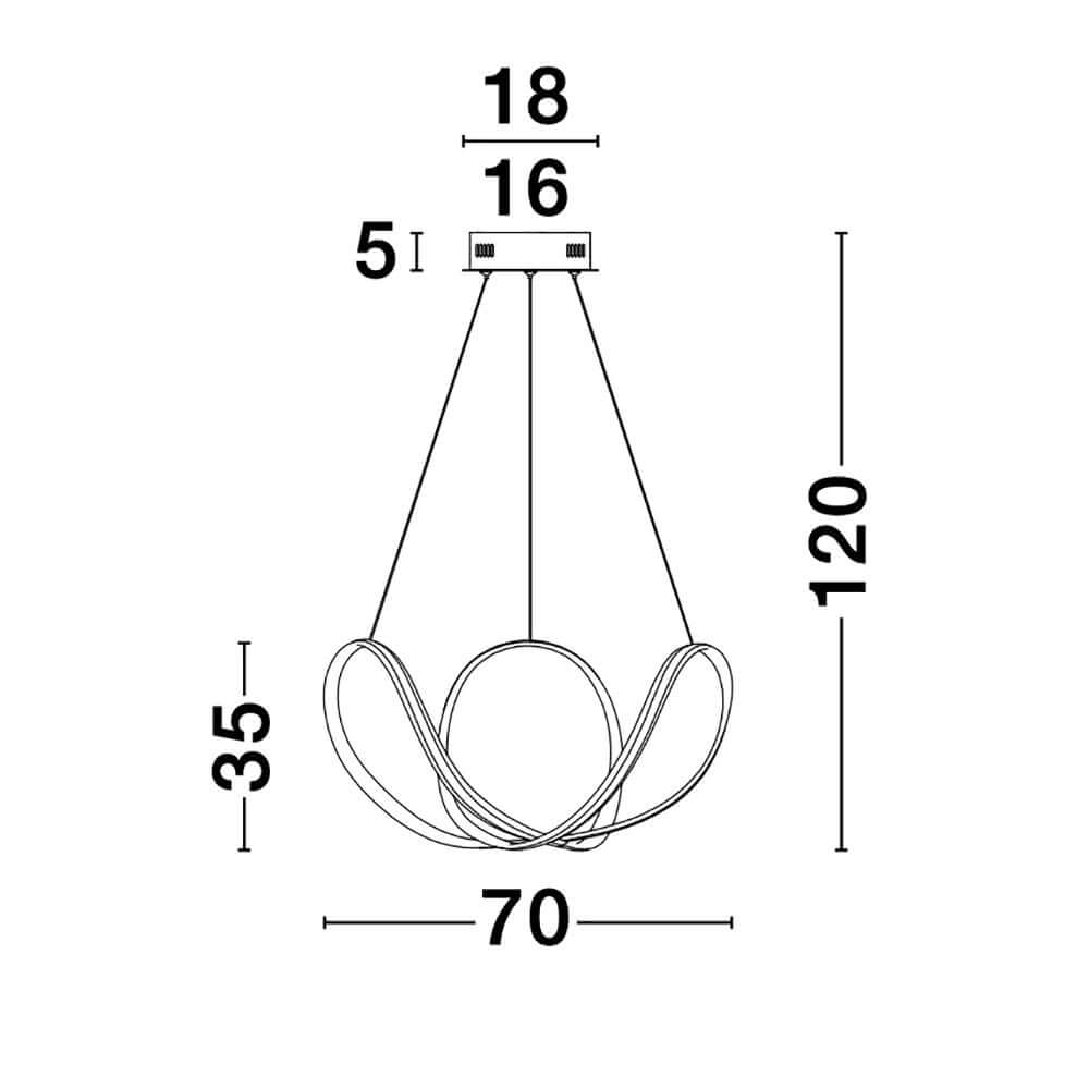 Apus LED Hängelampe Geschwungen, technische Zeichnung mit Abmessungen und Design des modernen Lampenmodells.