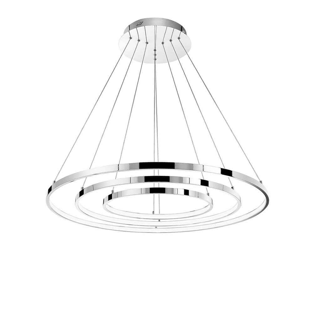Aria LED Hängelampe Chrom, moderne Deckenleuchte mit minimalistischem Design und anpassbaren Kreisen.