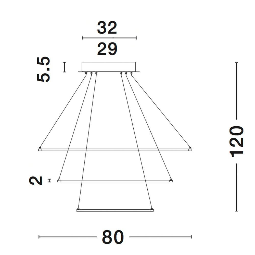 Technische Zeichnung der Aria LED Hängelampe Chrom mit Maßen und Installationshinweisen.