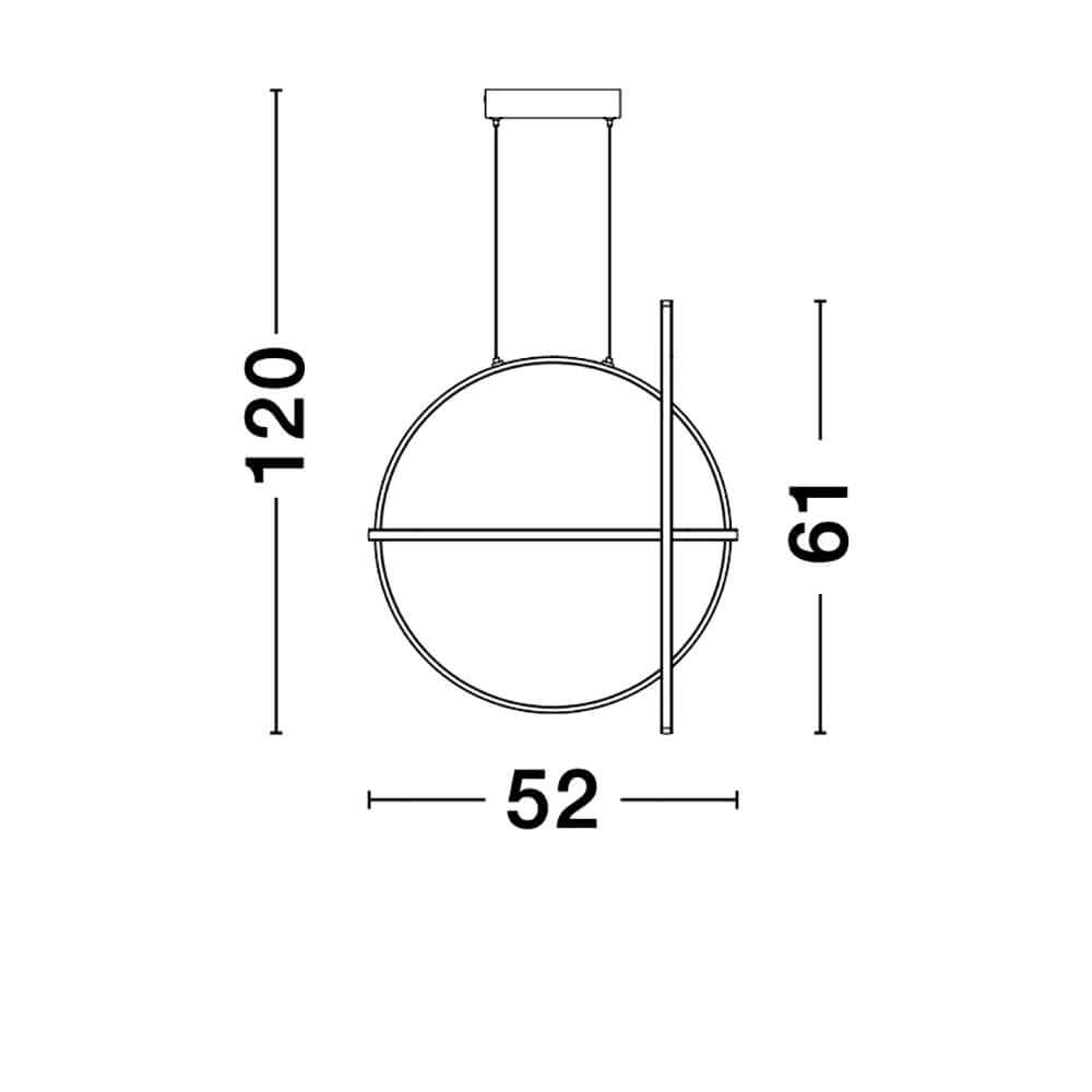 Arte LED Hängelampe 61cm technische Zeichnung mit Maßen 120cm Höhe, 61cm Breite und 52cm Tiefe.