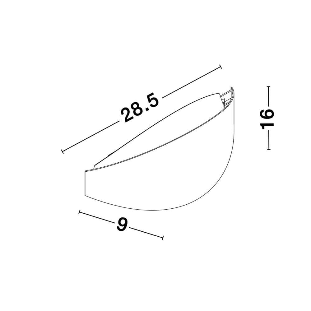 Astrid LED Wandleuchte Maßzeichnung mit Abmessungen 28.5 cm, 16 cm und 9 cm.