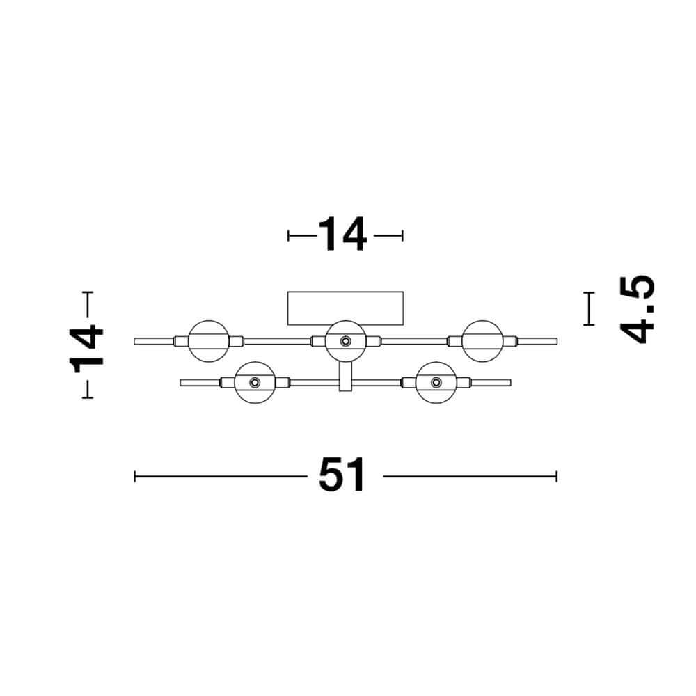 Atomo LED Deckenleuchte Goldfarben technische Zeichnung mit Maßen 51x14x4.5 cm, modernes Acryl‑Metall Design