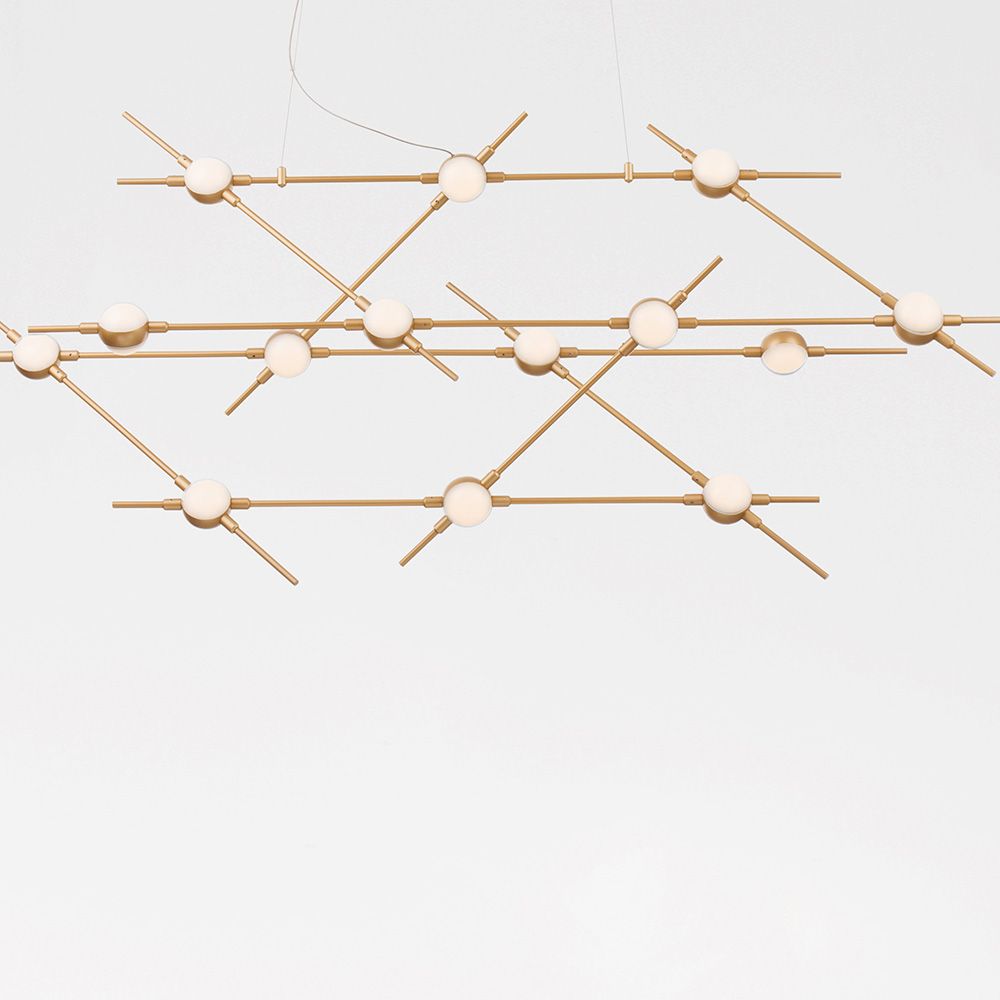 Moderne Atomo LED Hängeleuchte in Goldfarben mit dekorativen Armen und runden LED-Leuchten für perfekte Lichtverteilung.