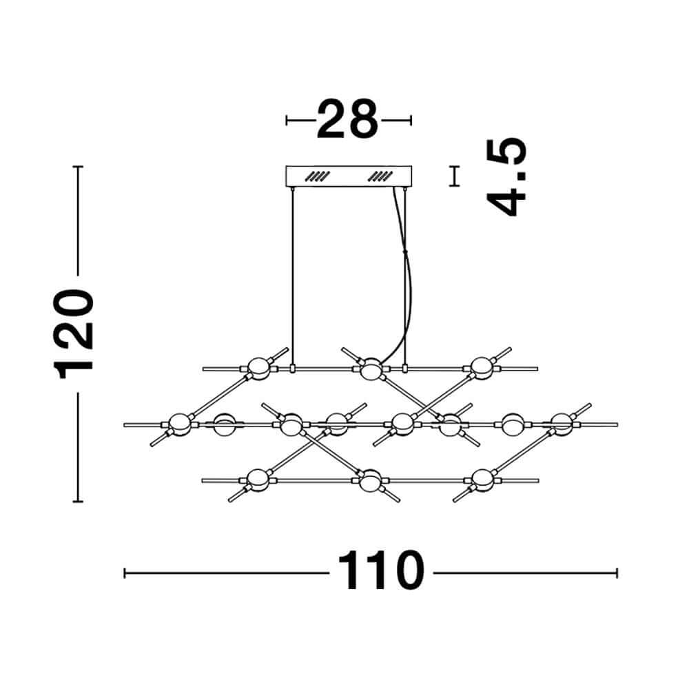 Atomo LED Hängeleuchte Goldfarben technische Zeichnung mit Abmessungen 120 cm Höhe und 110 cm Breite.