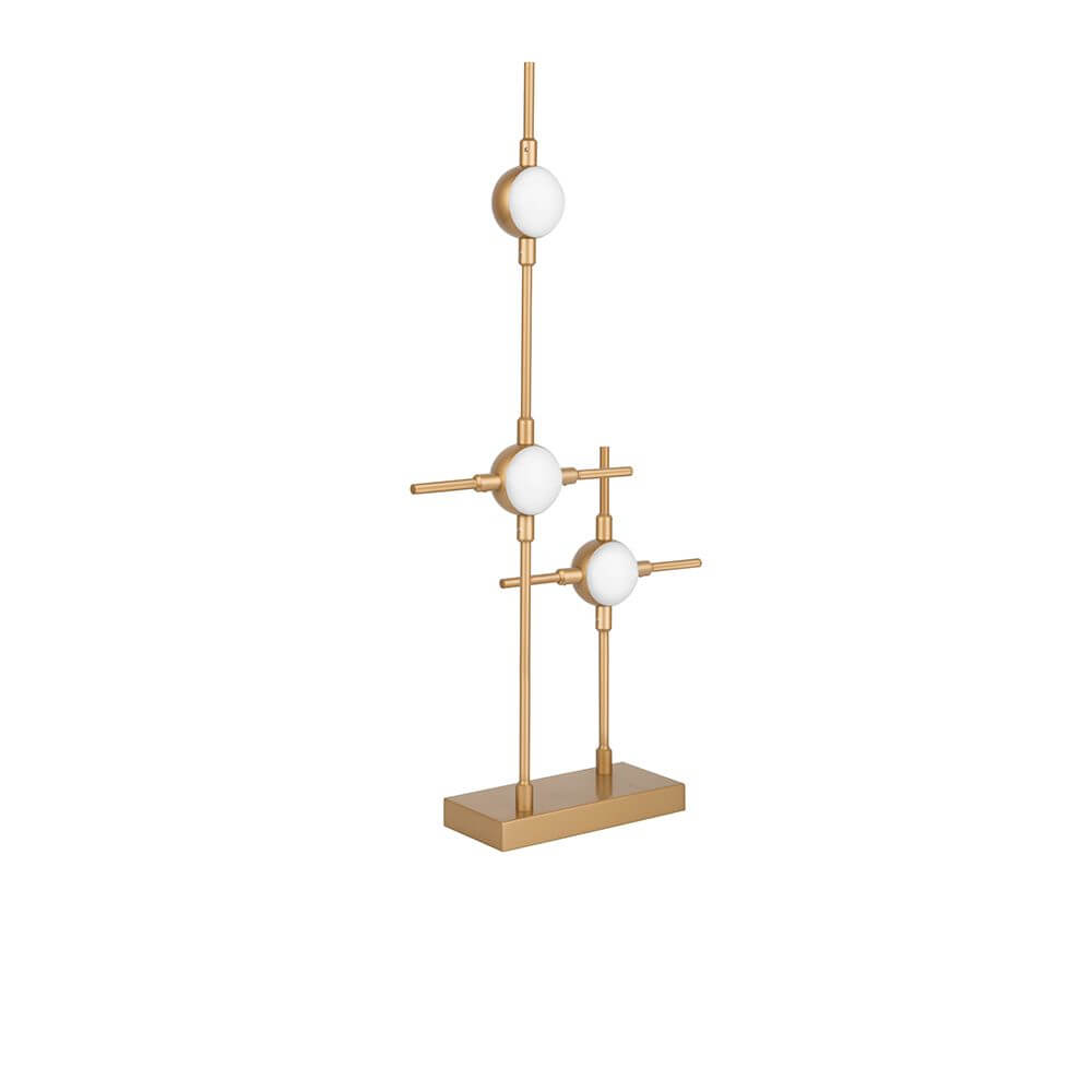 Atomo LED Tischleuchte in modernem Design mit goldfarbenem Metall und weißen Lampenschirmen.