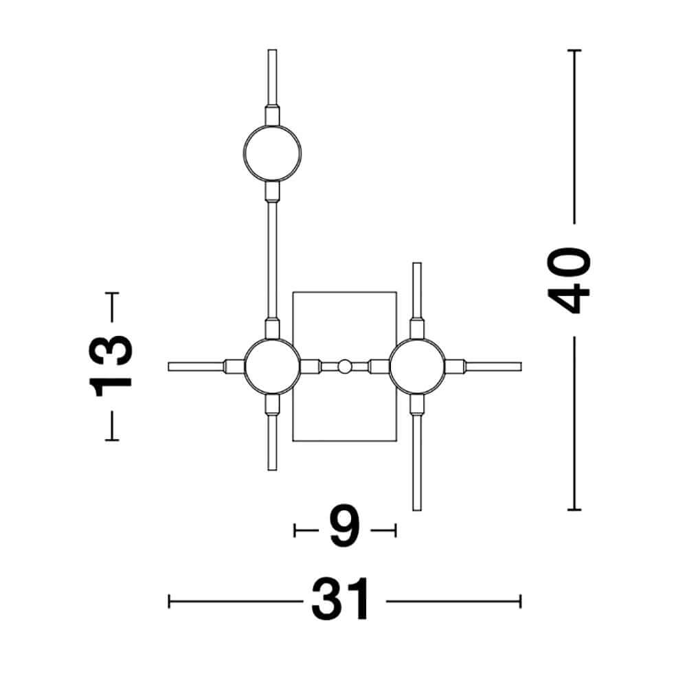 Technische Zeichnung der Atomo LED Wandleuchte Gold Acryl mit Abmessungen und Designdetails
