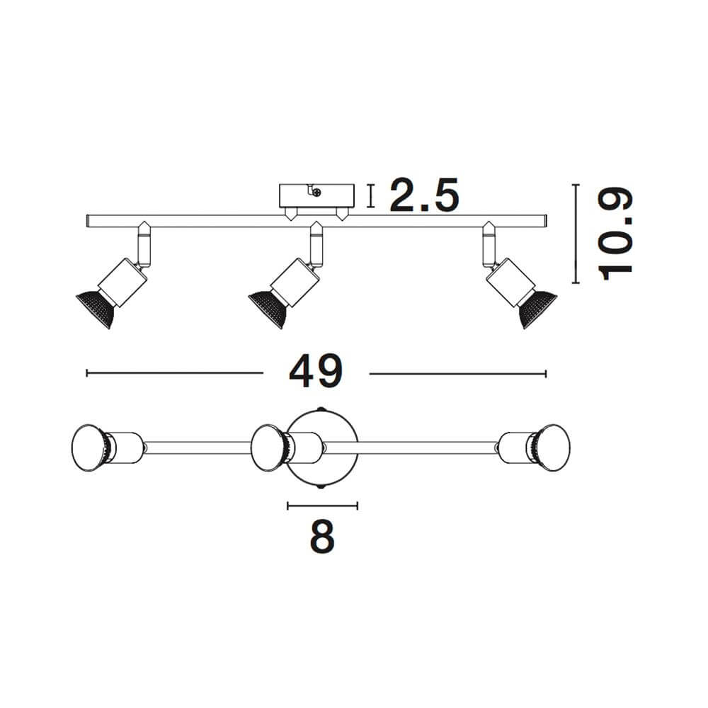 Technische Zeichnung des Base Balkenstrahlers Metall 3-flammig mit Maßen.