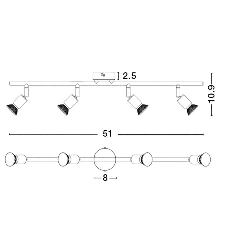 Technische Zeichnung des Base Deckenstrahler 4-flammig Metall mit Abmessungen und Strahler-Details.