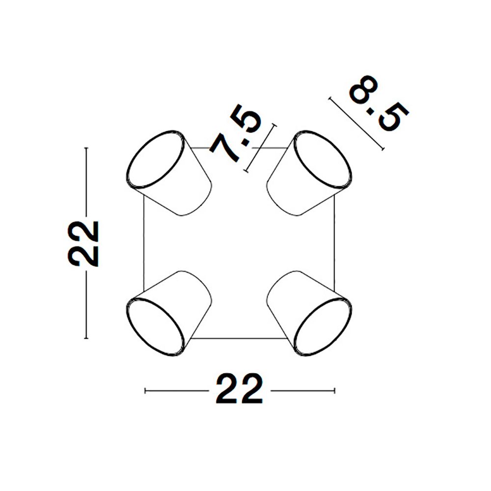 Maßzeichnung für Biagio LED Deckenspot mit 4 Schirmen, Abmessungen 22cm x 8.5cm.