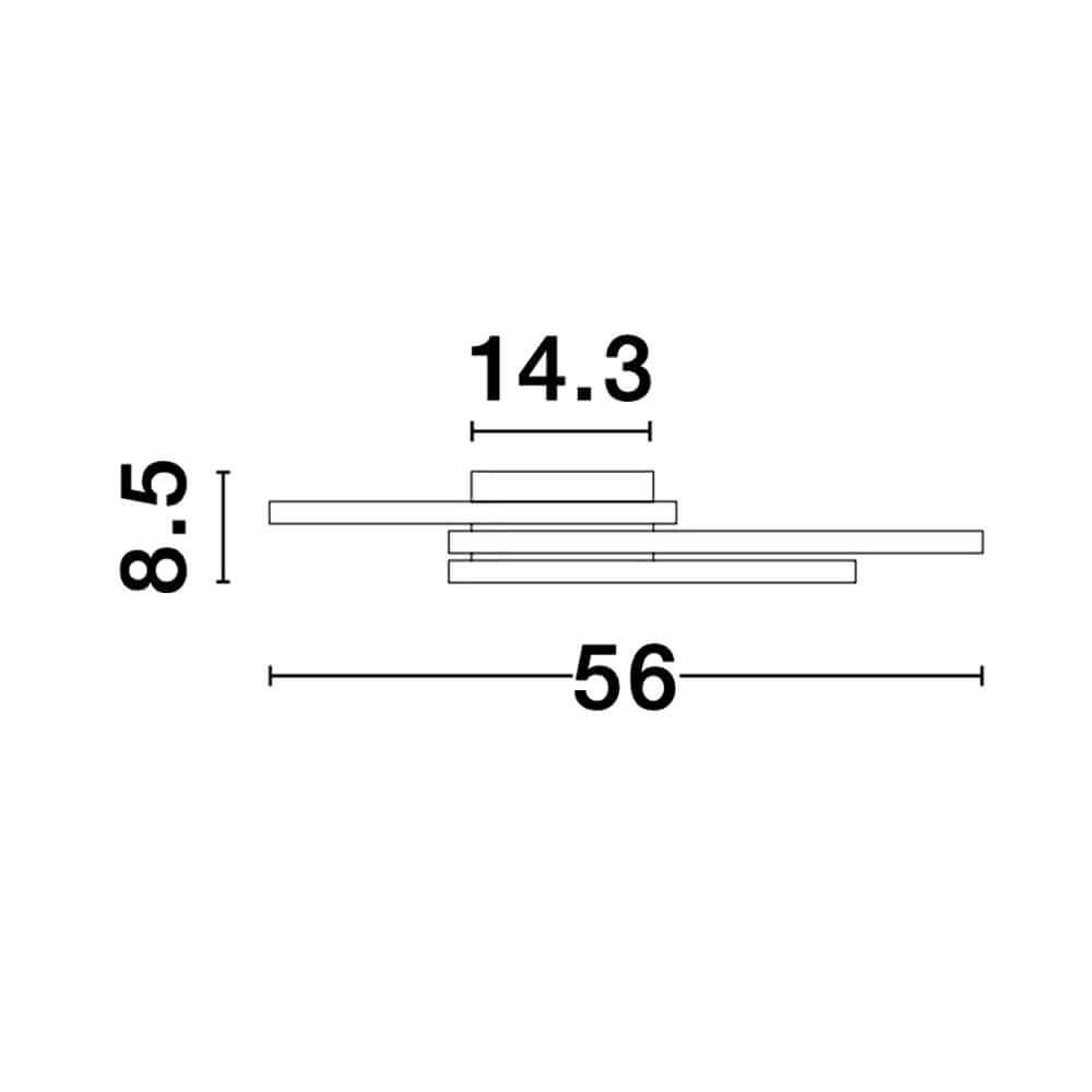 Bilbao LED Deckenleuchte Seitenansicht mit Maßen 56 cm Länge, 8,5 cm Höhe und 14,3 cm Basis — flache moderne LED-Deckenleuchte