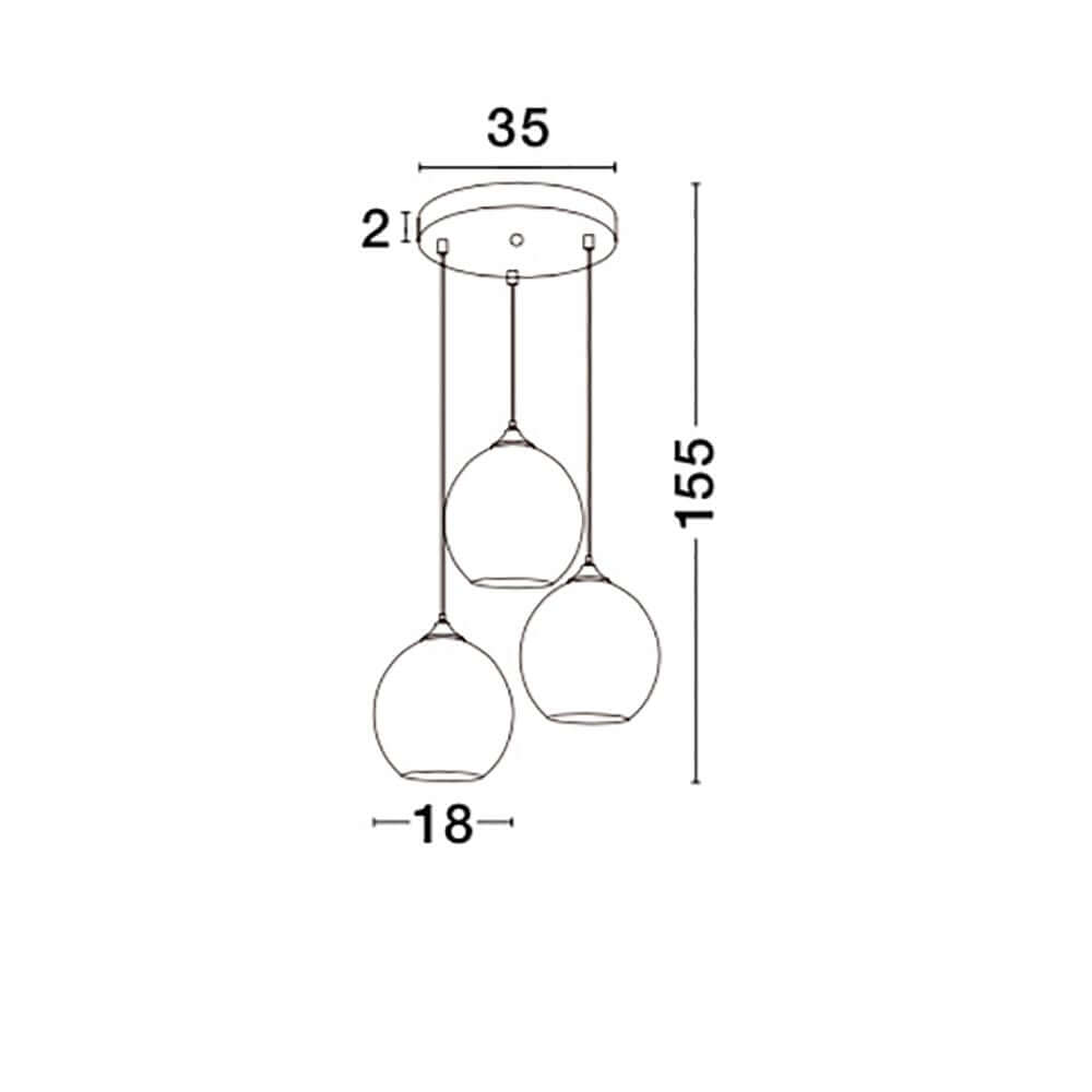 Blaze Glas-Pendelleuchte 3-flammig Kupfer, technische Zeichnung mit Maßen Ø18 cm, Deckenplatte Ø35 cm, Gesamthöhe 155 cm