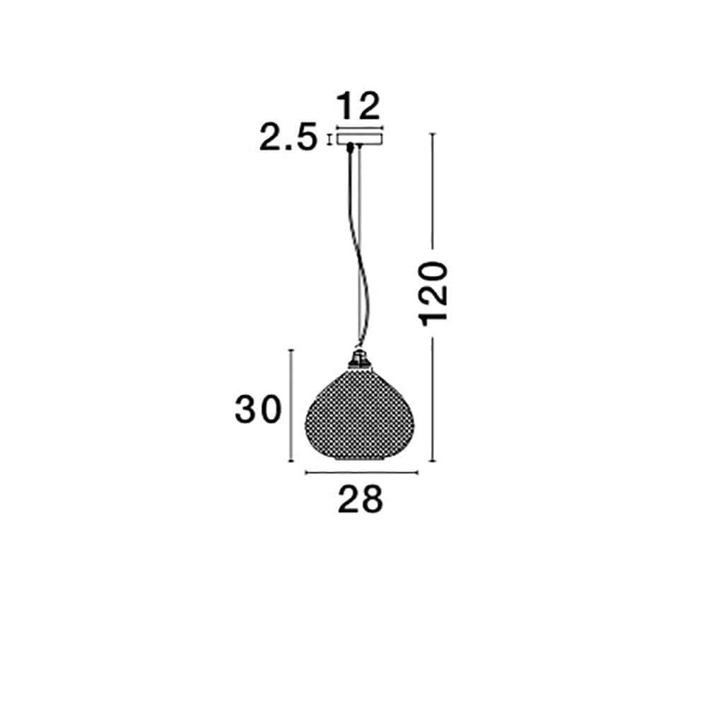 Maßzeichnung der Boho Pendellampe Ø 28cm mit Abmessungen und Designinformationen.