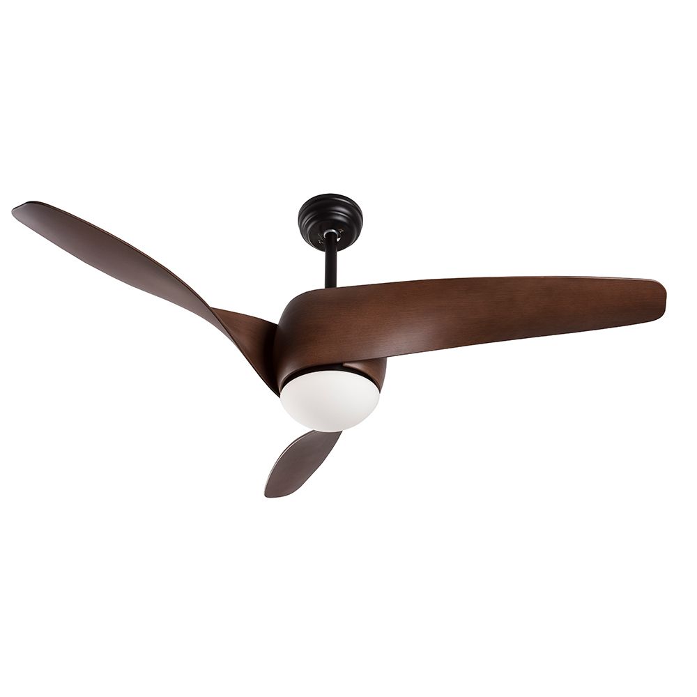 Breeze LED Holz-Ventilator in Braun für modernen Wohnraum; stilvolles Design aus Holz und Stahl.