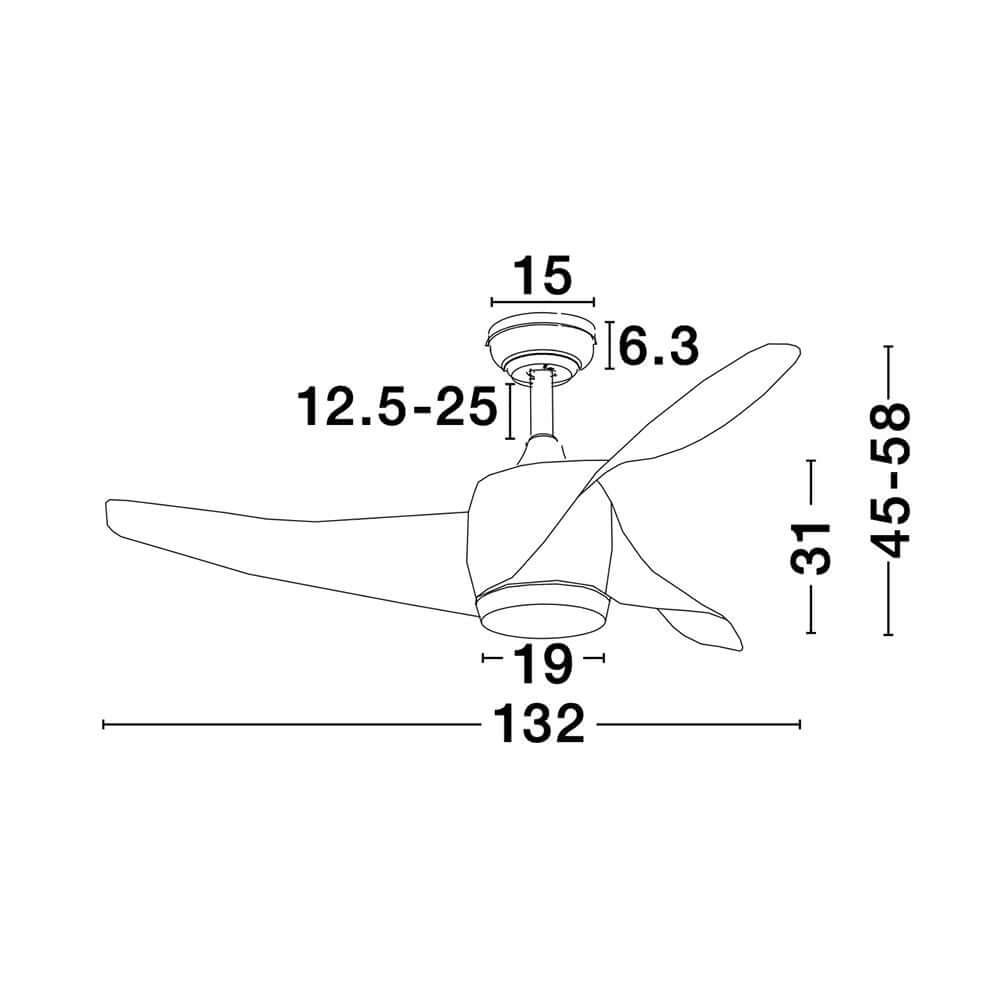 Breeze LED Holz-Ventilator Braun technische Zeichnung mit Abmessungen der Schaufeln und Montagespezifikationen.