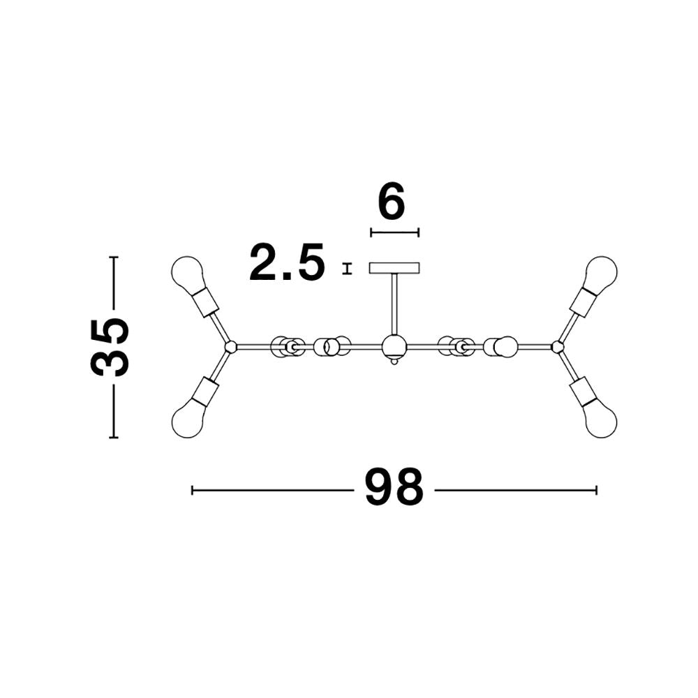 Technische Zeichnung der Calisto Deckenleuchte mit 8 Armen in Messing, Maße: 98x35x2.5cm.