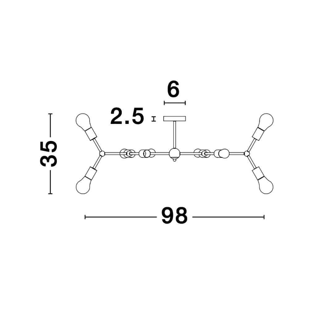 Maßzeichnung der Calisto Deckenleuchte Metall 8-flg. Messing mit Abmessungen und Lichtquellen.