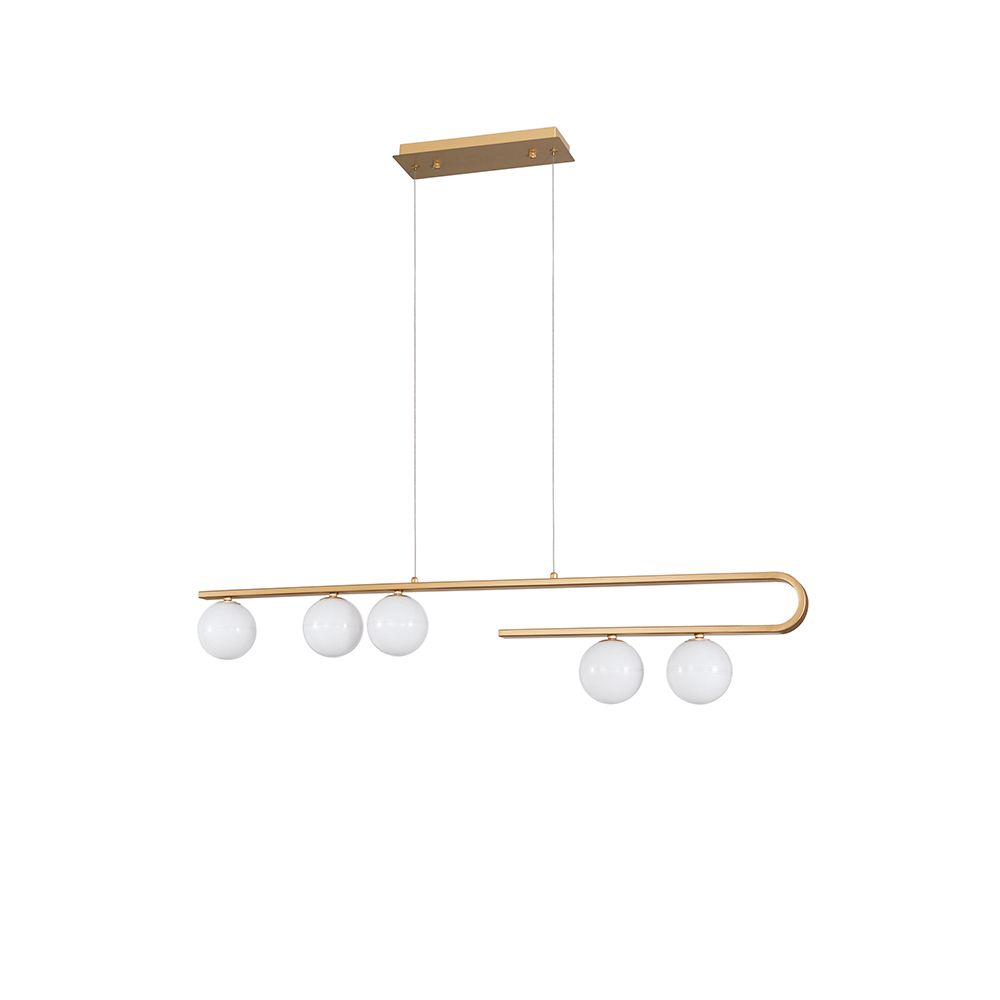 Cantona Hängelampe 5-flg. in Messingfarben mit weißen Glaskugeln für modernes Wohndesign.